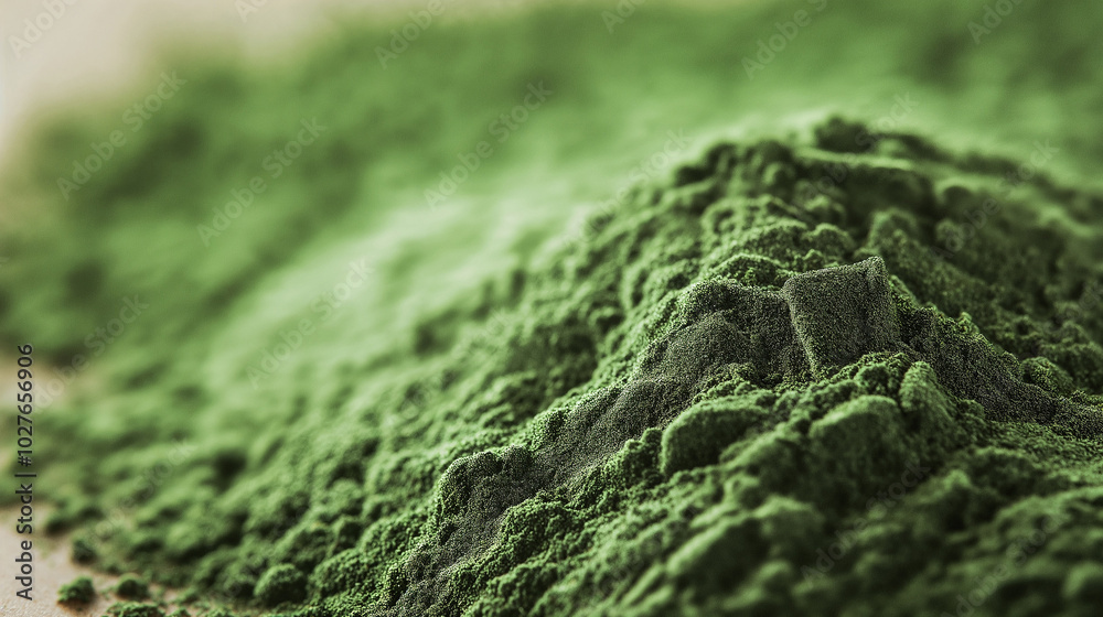 A heap of green chlorella algae powder A heap of green chlorella algae powder
