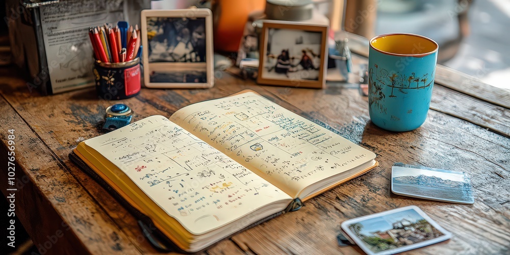 Fototapeta premium Cozy desk setup with open journal filled with handwritten notes, surrounded by personal items and a mug, evoking creativity and thoughtful reflection.