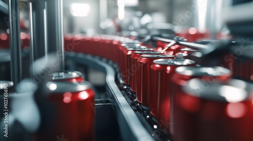 Wallpaper Mural Red Aluminum Cans on Conveyor Belt in Factory. Torontodigital.ca