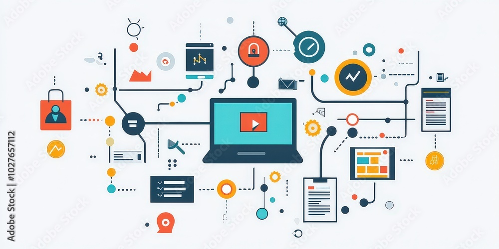 Simplified infographic representing digital marketing strategies, including various interconnected icons showing analytics, cloud services, SEO, and content creation. Simplified infographic representing digital marketing strategies, including various interconnected icons showing analytics, cloud services, SEO, and content creation.
