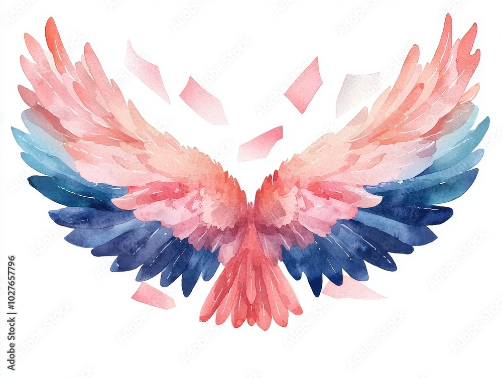 Obraz premium Colorful watercolor wings blending shades of pink and blue, white isolate background.
