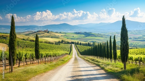 Scenic Cypress Lined Avenue Leading to a Vineyard View