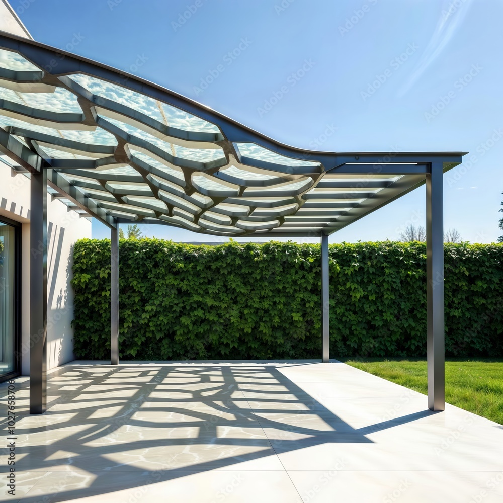 Modern outdoor structure. A sleek metal-framed pergola with a wavy glass roof casts artistic shadows on a tiled patio, surrounded by lush greenery under a clear blue sky.