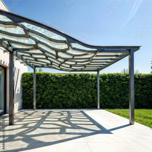 Obraz na płótnie Modern outdoor structure. A sleek metal-framed pergola with a wavy glass roof casts artistic shadows on a tiled patio, surrounded by lush greenery under a clear blue sky. w salonie