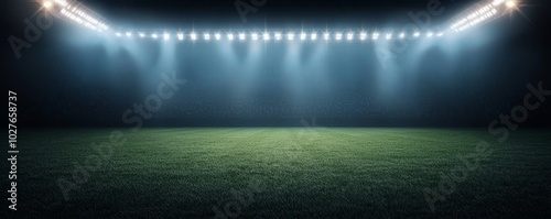 Empty football field illuminated by stadium lights in a night setting.