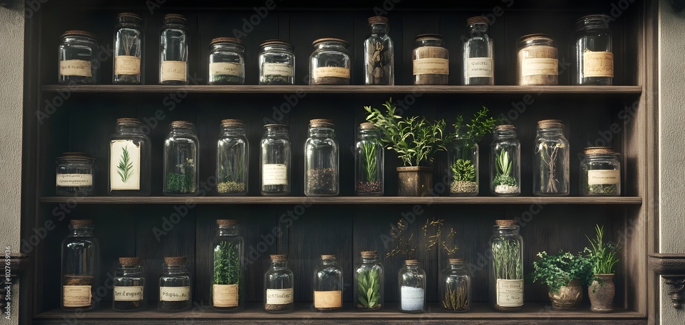 A collection of various glass jars filled with herbs and plants, neatly arranged on a wooden shelf for a rustic aesthetic. A collection of various glass jars filled with herbs and plants, neatly arranged on a wooden shelf for a rustic aesthetic.