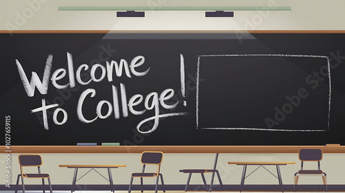 Blackboard with white chalk inscription Welcome to College, empty classroom, education, new beginnings. 
