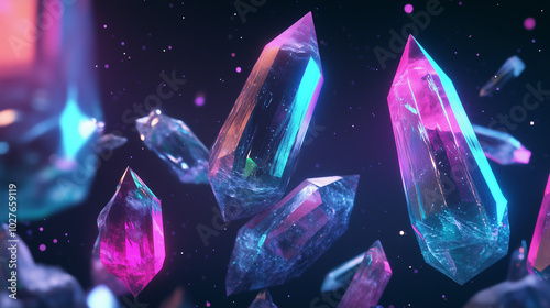 Bright Fluorescent Crystals In Space Vibrant Digital Gemstones Floating In Abstract Background