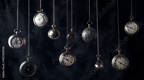 Elegant Pocket Watches Suspended Against Dark Background