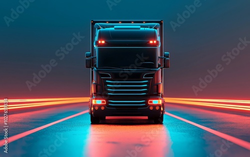 Futuristic truck with neon lights on highway at night, digital artwork.