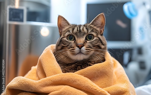 A cozy cat wrapped in a soft orange blanket, showcasing adorable expressions and warmth, perfect for pet lovers and cozy themes. photo