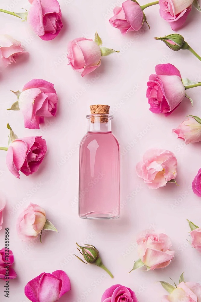 The bottle of rosewater on the white table, surrounded by pink roses and green leaves. Mockup The bottle of rosewater on the white table, surrounded by pink roses and green leaves. Mockup