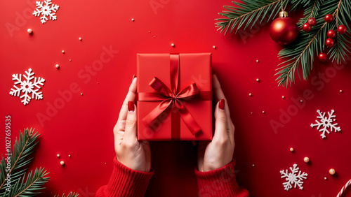 Woman's hands holding a gift box on a red background. Christmas gifts. Holiday mood. Flat lay, top view. Copy space