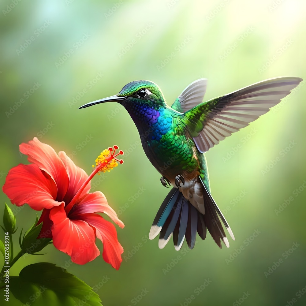 Fototapeta premium Vibrant Hummingbird Hovering Near Red Flower Petals