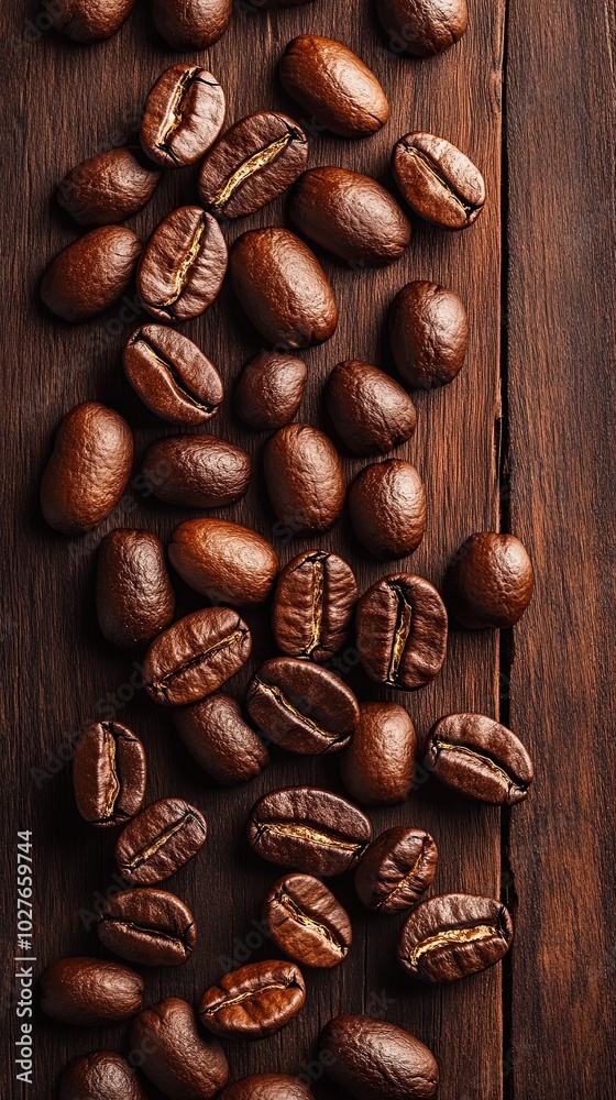 A wooden background with coffee beans creating an elegant and textured design. Background, wallpaper, banner A wooden background with coffee beans creating an elegant and textured design. Background, wallpaper, banner