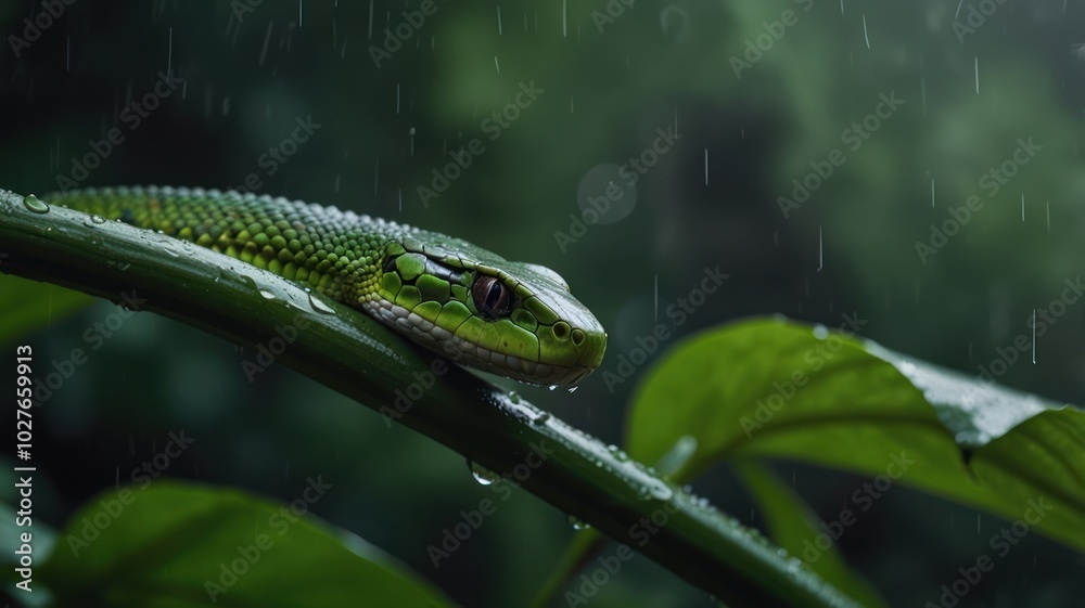 Obraz premium A green snake with red eyes rests on a branch in the rain.
