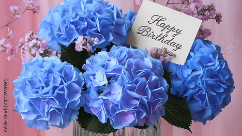 Blue hydrangeas, happy birthday card, floral arrangement.
