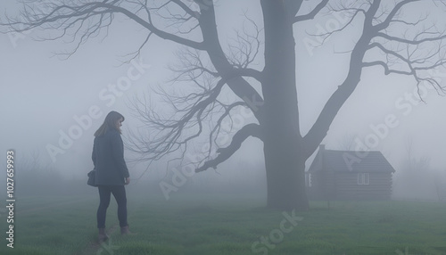 vrouw verdwaald in mistig bos met vijver in Laag Keppel photo