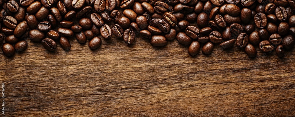 A wooden background with coffee beans creating an elegant and textured design. Background, wallpaper, banner A wooden background with coffee beans creating an elegant and textured design. Background, wallpaper, banner