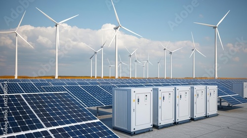 Battery storage systems with solar panels and wind turbines, renewable energy landscape, Li-ion battery technology, futuristic energy grid, bright sky background