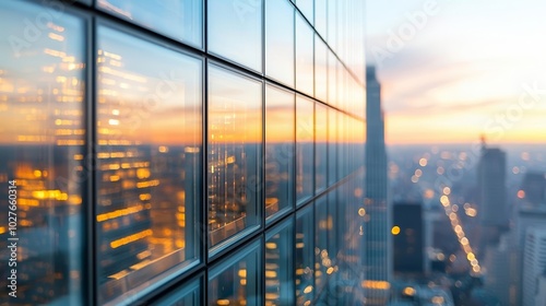 Contemporary glass skyscrapers with illuminated interiors, sunset sky reflecting on mirrored walls, urban skyline, futuristic city architecture, vibrant city lights