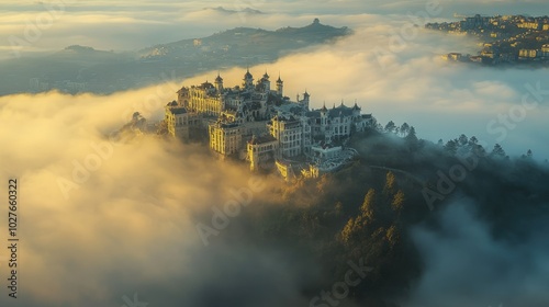 Aerial View of a Castle in Fog