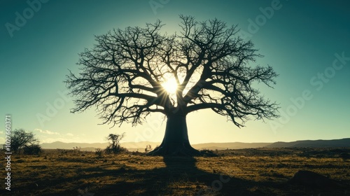 A dramatic view of a solitary baobab tree silhouetted against the bright desert sun, its wide trunk and bare branches standing out in the desolate landscape