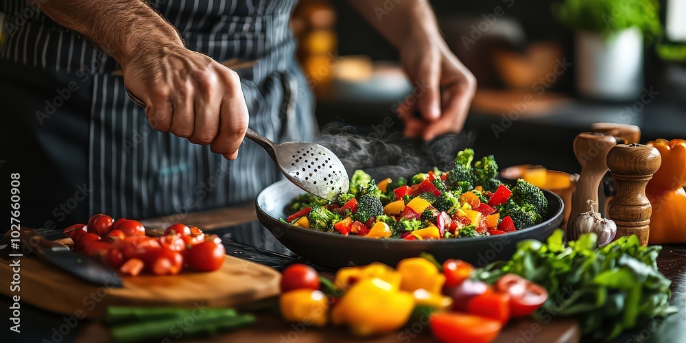 Kitchen scene with fresh, colorful vegetables being chopped and arranged on a plate. Kitchen scene with fresh, colorful vegetables being chopped and arranged on a plate.