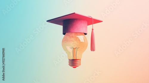 Light bulb wearing a graduation cap on a colorful background.