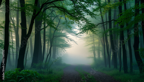 Misty Forest Path in the Morning with a Serene and Calm Atmosphere