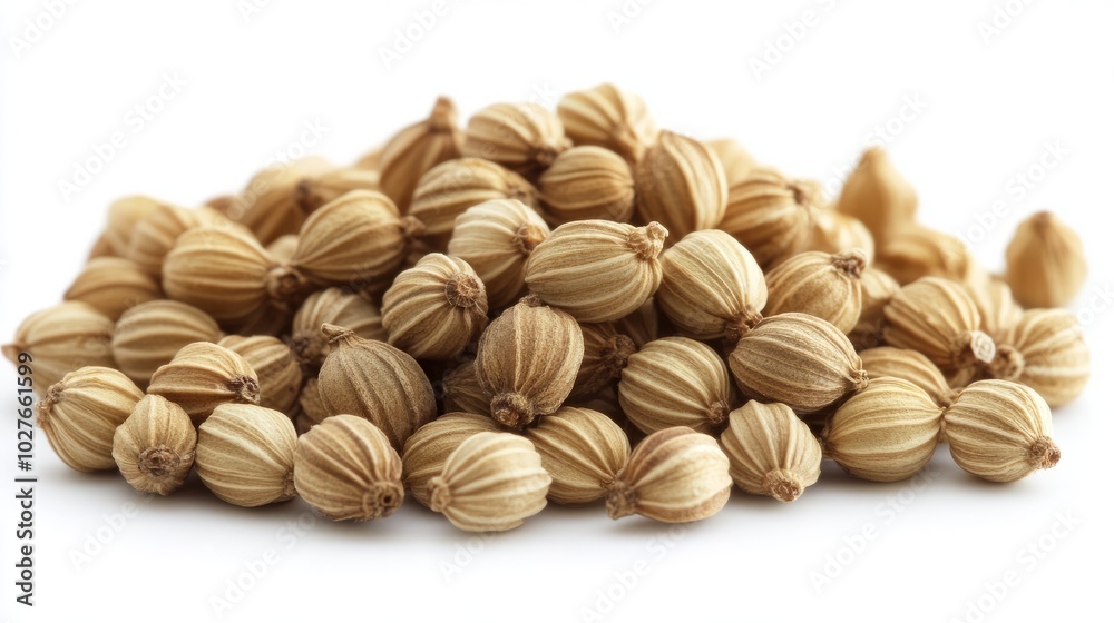 A small pile of dried coriander seeds with their round, golden-brown shape, scattered on a white background A small pile of dried coriander seeds with their round, golden-brown shape, scattered on a white background
