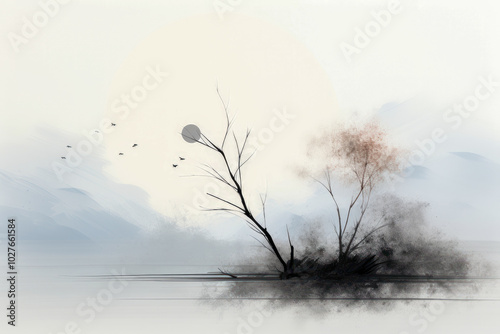 Minimalist landscape with trees, birds, and soft pastel tones