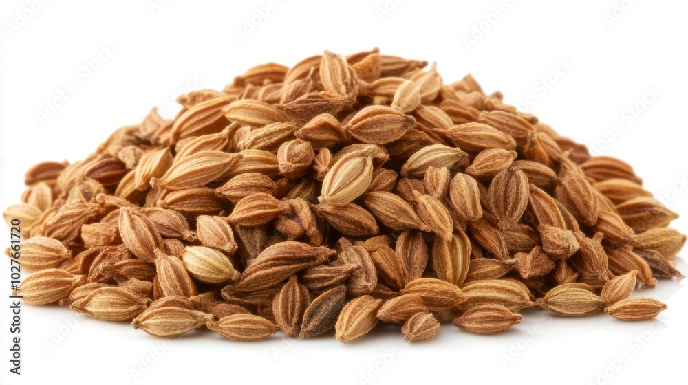 A small pile of dried coriander seeds with their round, golden-brown shape, scattered on a white background A small pile of dried coriander seeds with their round, golden-brown shape, scattered on a white background