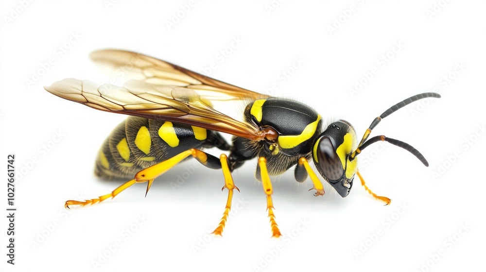 A yellow and black wasp with transparent wings is isolated on a white background. A yellow and black wasp with transparent wings is isolated on a white background.