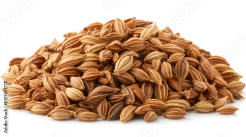 A small pile of dried coriander seeds with their round, golden-brown shape, scattered on a white background