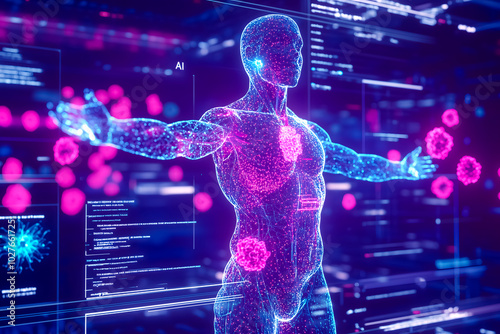 Holographic view of a human body for cancer cell diagnosis in modern clinical research hospital for cancer cells in oncology. AI
