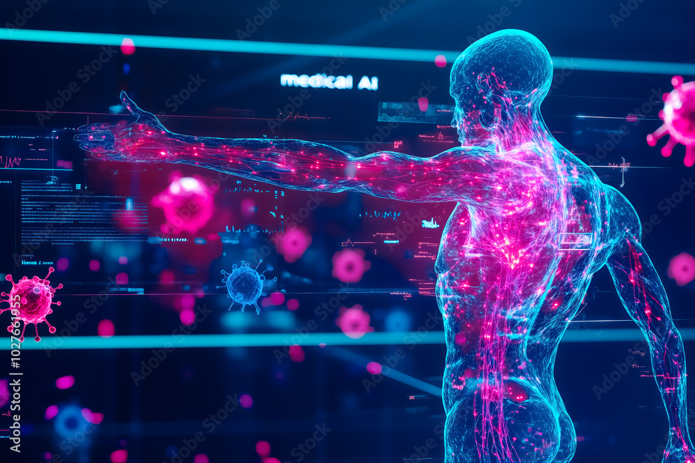 holographic three-dimensional 3D analysis of a human patient's body from the study of cancer cells in a medical hospital with artificial intelligence. Oncology Steam cells AI holographic three-dimensional 3D analysis of a human patient's body from the study of cancer cells in a medical hospital with artificial intelligence. Oncology Steam cells AI