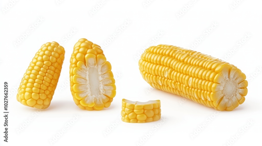 A yellow corn cob cut in half, a whole corn cob, and a piece of corn cob on a white background. A yellow corn cob cut in half, a whole corn cob, and a piece of corn cob on a white background.