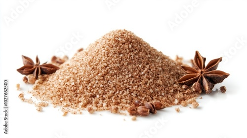 A small heap of ground anise seed powder with whole anise seeds scattered nearby, isolated on a white background