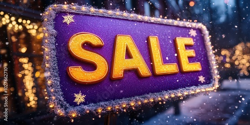  Illuminated sale sign decorated with festive lights captures the excitement of holiday shopping and seasonal deals in a winter wonderland atmosphere. photo