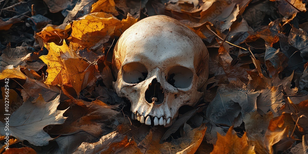 Skull lying on a pile of old, decaying autumn leaves, bathed in soft, late afternoon light, with warm tones of the leaves enhancing bone’s cold, ivory hues, evoking melancholic beauty. Skull lying on a pile of old, decaying autumn leaves, bathed in soft, late afternoon light, with warm tones of the leaves enhancing bone’s cold, ivory hues, evoking melancholic beauty.