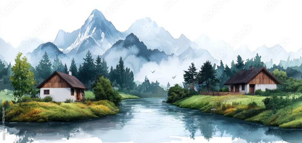 Naklejka premium Serene landscape with mountains and peaceful riverside houses, white isolate background.