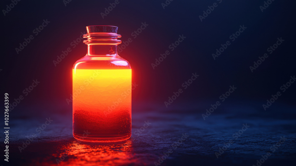 glowing potion bottle radiates warm orange hue, set against dark background, evoking sense of mystery and magic. intricate details of glass enhance its enchanting appearance