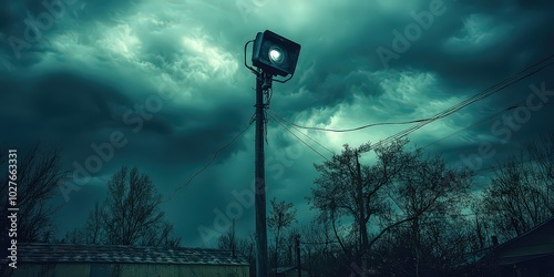  A single floodlight shines through thick clouds in a stormy sky, creating a haunting and ominous atmosphere with an eerie glow against the turbulent weather. photo