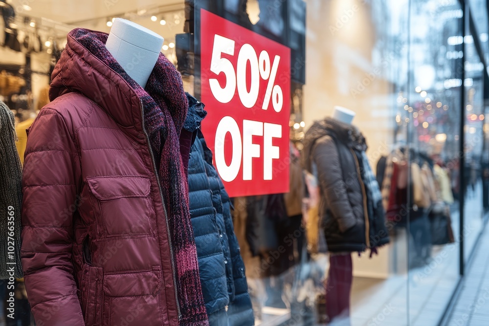 Fototapeta premium Storefront Window Display: A close-up of a beautifully decorated store window showcasing mannequins dressed in trendy outfits with large 