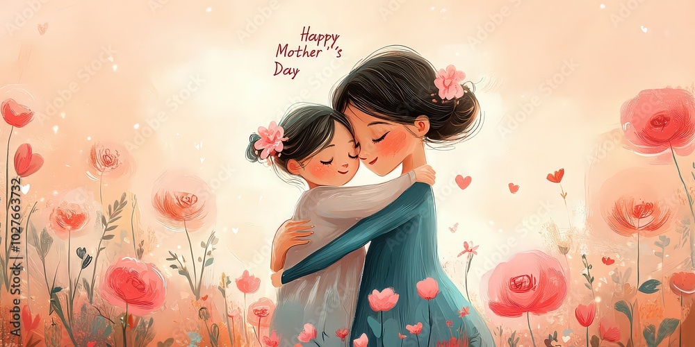Tender illustration of a mother and daughter hugging, surrounded by soft flowers and a Mother's Day message, symbolizing love, care, and gratitude for mothers. Tender illustration of a mother and daughter hugging, surrounded by soft flowers and a Mother's Day message, symbolizing love, care, and gratitude for mothers.