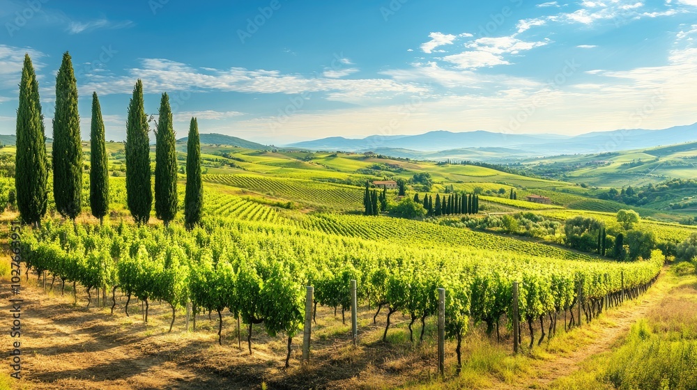 Obraz premium Scenic Vineyard Landscape with Cypress Trees in Tuscany