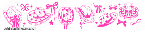 Cowgirl pink hat set, vector hand drawn wild west headwear, holiday bachelorette costume, ribbon bow. Western Texas traditional fashion, party feminine clothes, vintage groovy sticker. Cowgirl hat