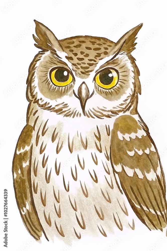 Obraz premium Owl with Large Yellow Eyes and Brown-White Feathers on White Background