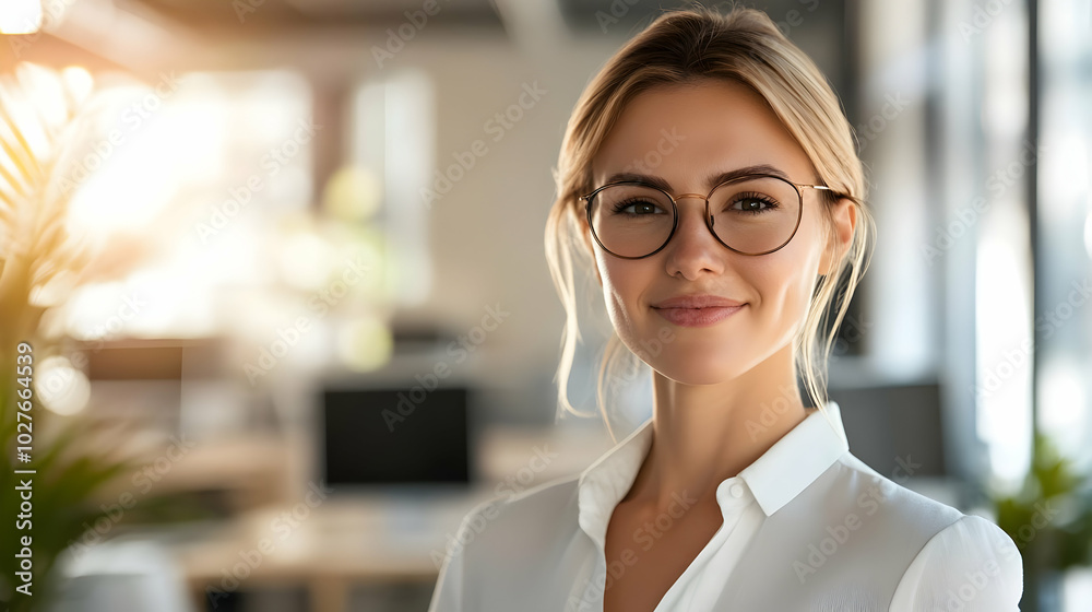 Fototapeta premium A confident woman in glasses smiles in a modern office setting, conveying professionalism.